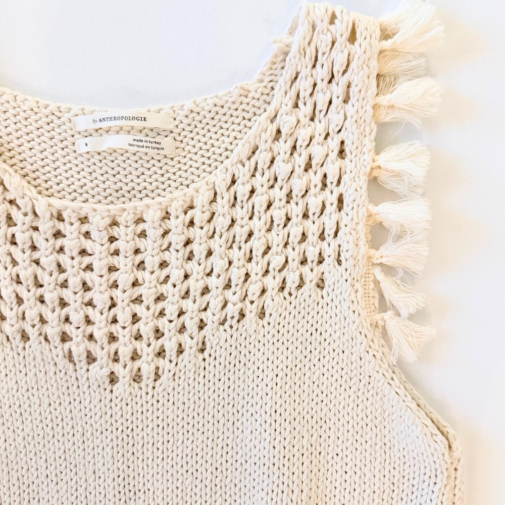 Anthropologie Daniela Tasseled Knit Tank Cream Crochet Tassel Small EUC - Picture 3 of 6